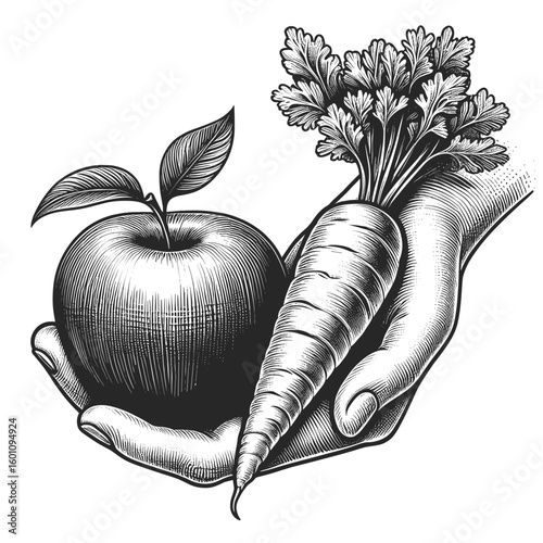 Hand holding apple and carrot in vintage style in black and white representing health