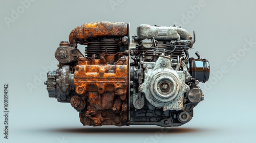 A split engine, half rusted and half clean, showcases the contrast between decay and maintenance.