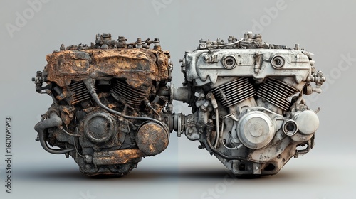 Two engines, one rusted and one clean, connected. Contrast of decay and restoration. Mechanical concept.