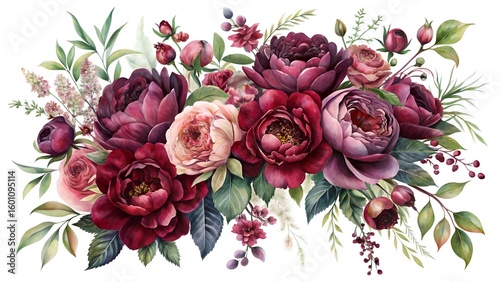 A rich watercolor floral arrangement features deep burgundy red and pink peonies and roses accented with vibrant green leaves and