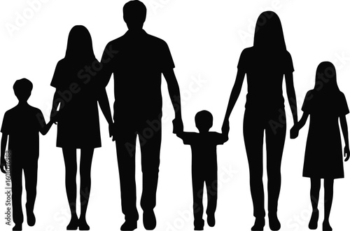 Happy family of six walking together holding hands in a clear silhouette