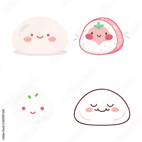 Cute round mochi daifuku with smiling face and strawberry filling minimalist Japanese dessert vector illustration on white background