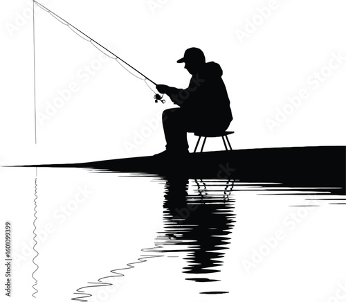 Lone fisherman sitting on a small seat holding a fishing rod with reflection silhouette