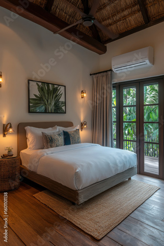 Cozy tropical bedroom with wooden accents and large windows overlooking lush greenery