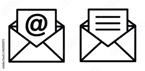 Vector art of two email icons one with an symbol and one with lines representing digital communication and correspondence