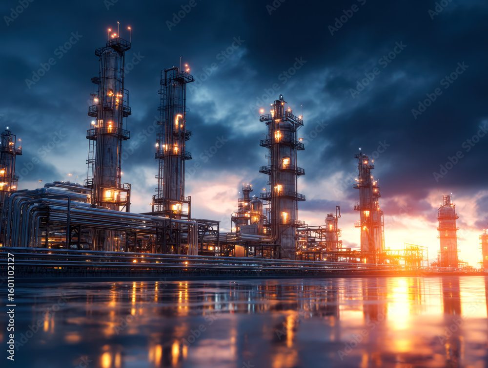 Fototapeta premium Industrial oil refinery at sunset with dramatic skies and illuminated structures