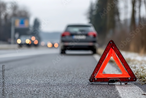 breakdown car at the road side with emergency triangle sign 