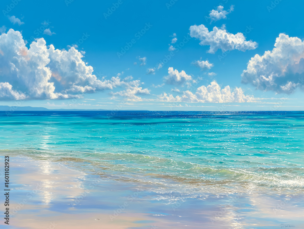 Fototapeta premium Serene ocean scene with clear turquoise waters and a bright blue sky filled with fluffy clouds