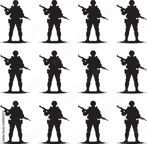 Silhouette Soldiers Standing With Guns Vector Illustrations
