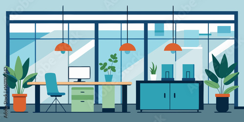 Modern office interior with desk computer plants and large windows