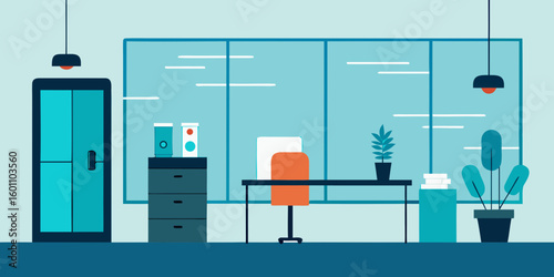 Modern office interior with desk chair plants and large windows