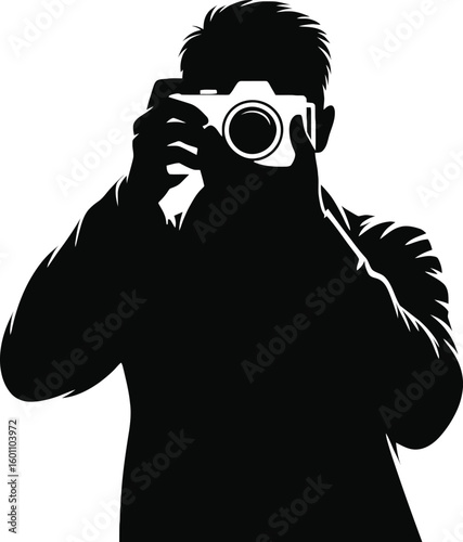 Man holding a camera and taking a photo in a striking black silhouette against a white background silhouette