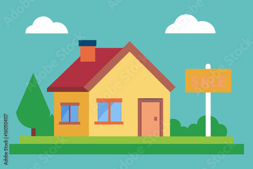 Flat design illustration of a yellow house with a sale sign in front