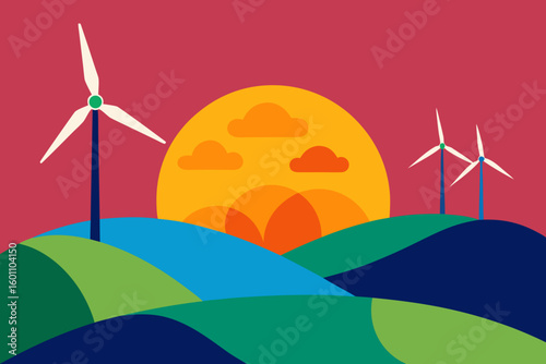 Stylized landscape with wind turbines against a sunset sky and rolling hills