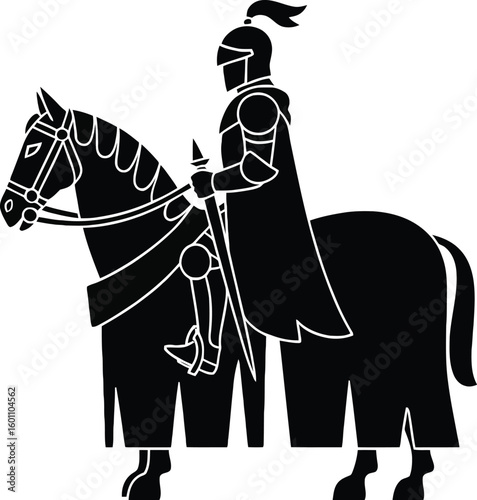 Medieval knight in ornate armor riding a horse in a striking silhouette