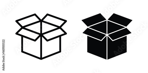 Vector art of a black and white vector illustration of an open cardboard box for delivery and shipping services