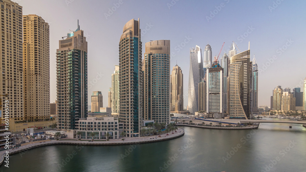 Fototapeta premium Amazing colorful dubai marina skyline during sunset timelapse