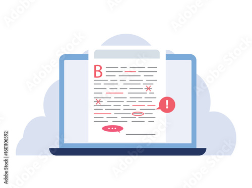 Editing document with text. Correcting grammar mistake with red marker. Teacher fix page text errors.