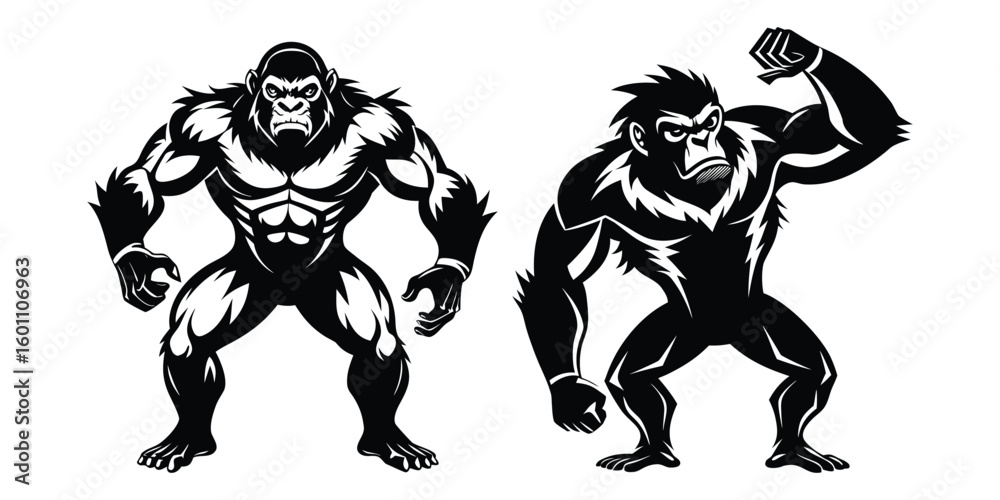 Fototapeta premium Powerful Ape Silhouette Vector | Gorilla Monkey Power Pose Clipart | Strong Primate Outline | Animal Strength SVG | Fitness Logo Design | Printable Art