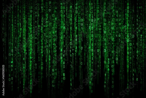 Green binary code matrix style digital design representing technology and data in a futuristic environment