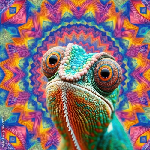 Portrait of a chameleon against a background of bright psychedelic patterns.