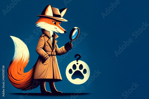 Fox detective with a magnifying glass and a paw trail on a blue background. Space for text.