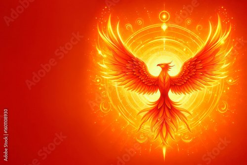 A phoenix with spread wings on a fiery background, a symbol of rebirth. Space for text.