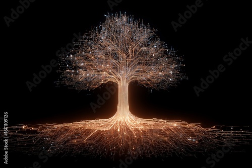 Digital tree made of circuits and data branches symbolizing technology and nature interconnected in a dark setting