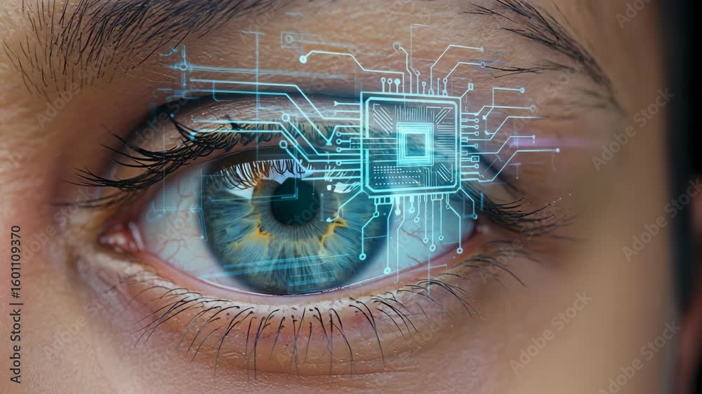 Macro photograph of a bright blue human eye overlapped with digital ...