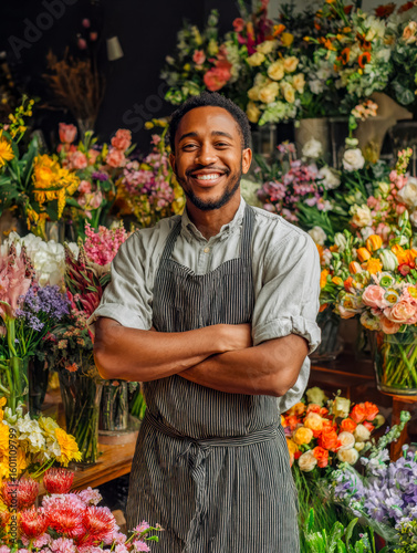 Happy male florist standing with arms crossed in a vibrant flower shop filled with colorful blooms
