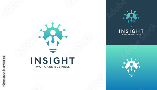 Genius people jobs logo design ideas. Abstract vector light bulb with leadership worker icons template.