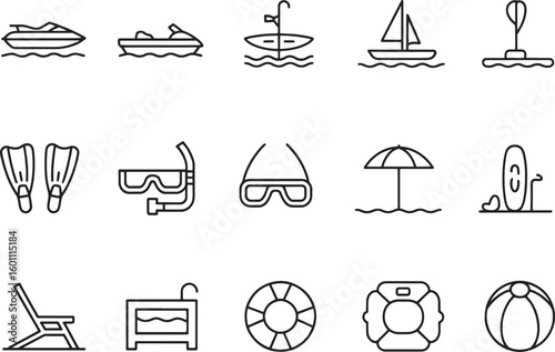 Summer Beach and Water Sports Icons: water sports icons, beach vacation icons, sailing icons, jet ski icons, kayak icons, paddleboarding icons, snorkeling icons, diving gear icons