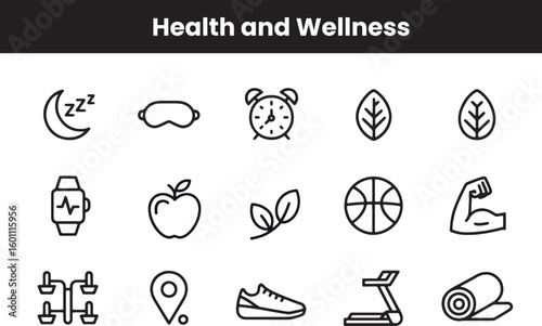 Health and Wellness Icon Set: health icons, wellness icons, fitness symbols, sleep icons, exercise icons, nutrition icons, apple icon, workout