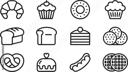 Bakery Line Icons: Croissant, Muffin, Donut, Bread, Cake, bakery icons, bread icon, croissant icon, muffin line art, donut icon, cake outline, pastry icons, dessert icons,