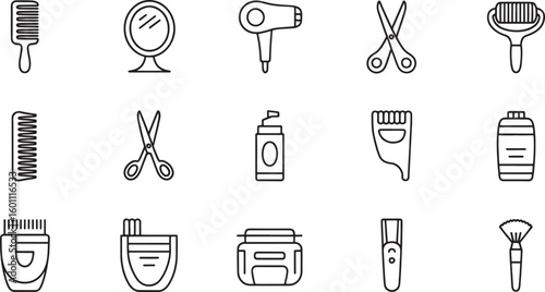 Hairdressing and Salon Icons: comb, mirror, blow dryer, scissors, hair, shampoo, hairbrush, haircut, styling, salon, beauty, hair dyea