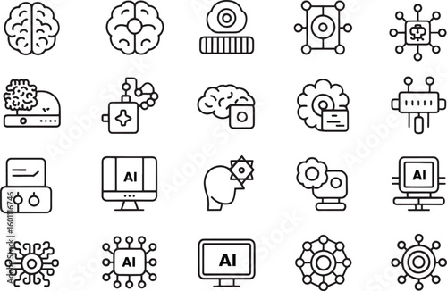 Artificial Intelligence,  Brain, Computer, Neural Network, and Machine Learning Symbols in Colorful Design