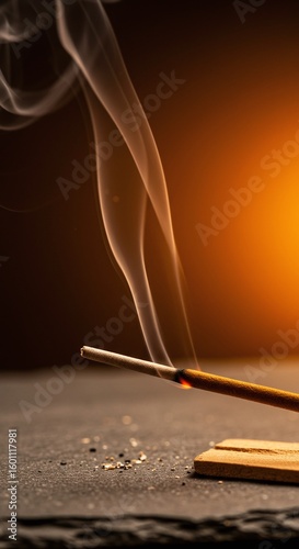 Fotografie Incense Stick Burning with Smoke, Warm Light Background, Aromatherapy, Relaxatio