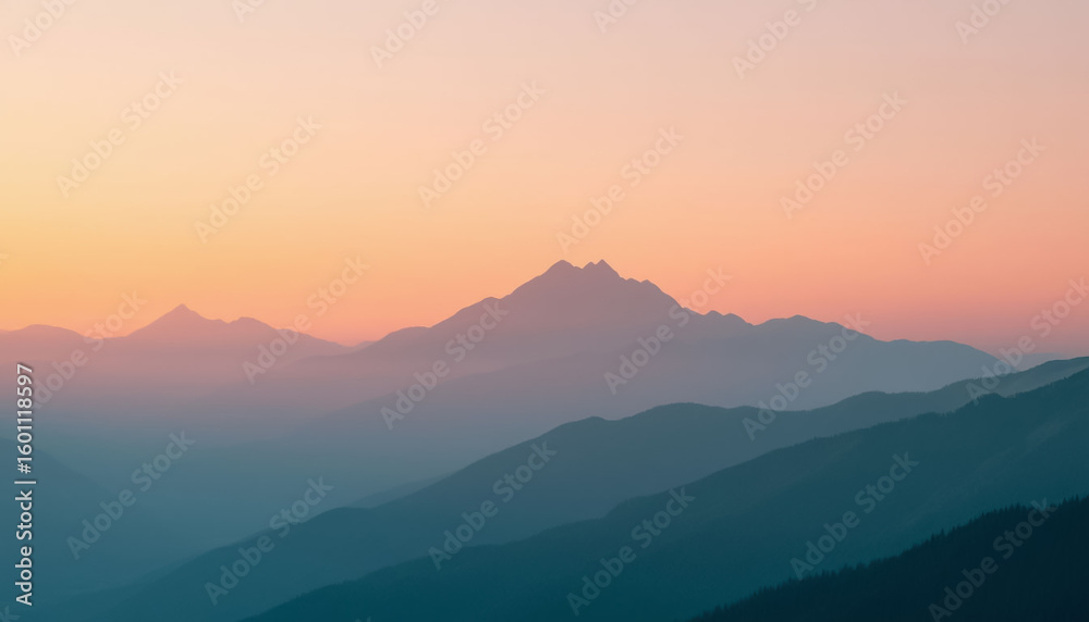 Fototapeta premium Minimalistic Misty Mountains at Sunrise in Pastel Colors Serene Dawn Landscape