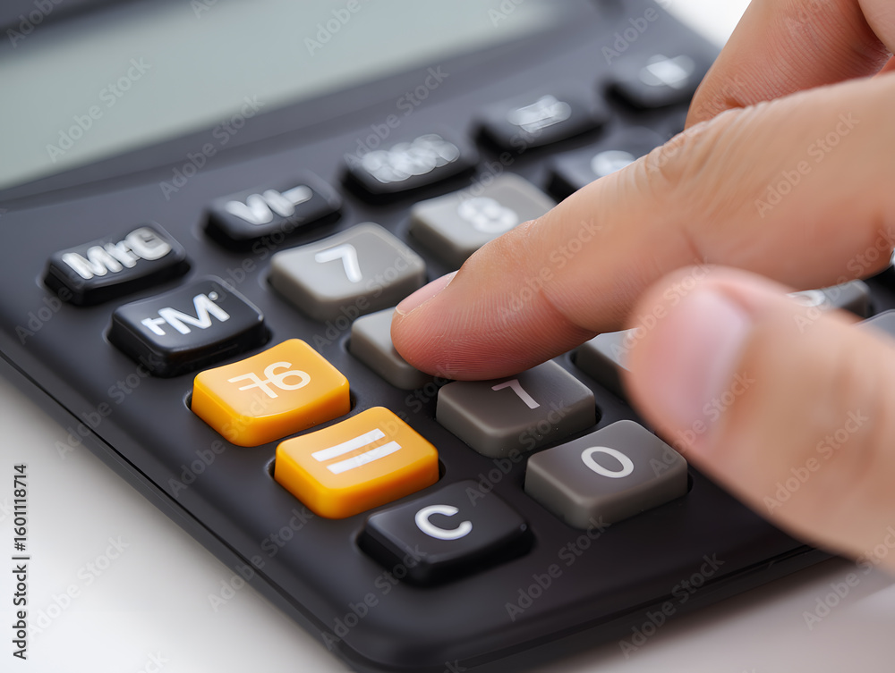 Close up of a Finger Pressing the 7 Key on Calculator Close up of a Finger Pressing the 7 Key on Calculator