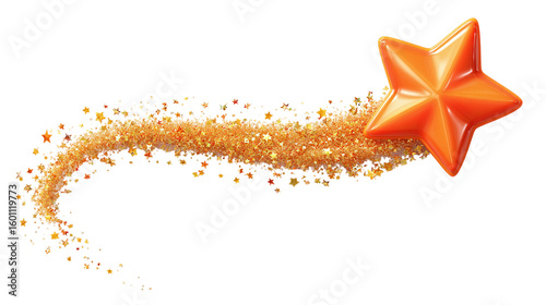 3D orange shooting star with sparkling trail, cartoon plastic style, wish and magic symbol, isolated on transparent background 