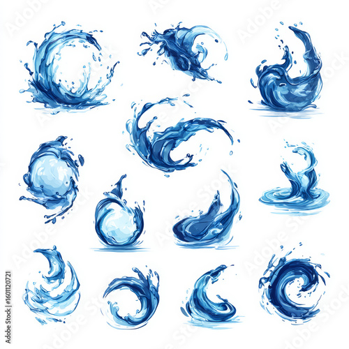 Set vector illustrations water splashes and flows, streams of various shapes. Design elements