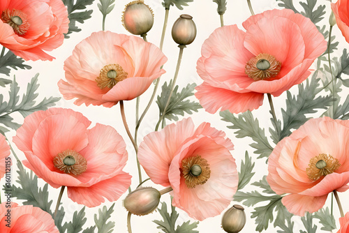 A painting of pink flowers with green leaves. The flowers are arranged in a pattern and the background is white. The painting has a serene and calming mood