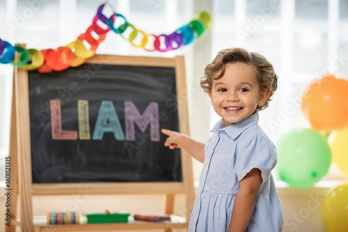 Happy preschool child pointing to their name written in colorful chalk on a classroom blackboard. Surrounded by balloons and rainbow decorations in a bright, festive environment.