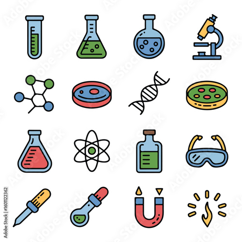 Discover scientific innovation with colorful lab icons for research and discovery