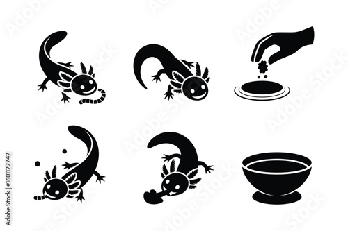 Black axolotl silhouettes interacting with food and water white feeding