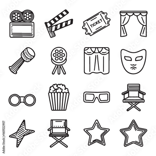 Icons celebrating cinema entertainment film movie theater show business movie props