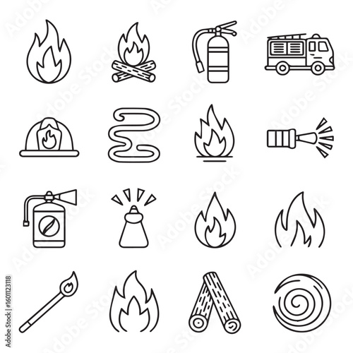 Essential fire safety icons including flames, extinguisher, truck, helmet, hose, and wood logs