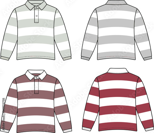 Striped rugby shirt cad drawing, front and back view, flat vector template, long sleeve polo design, apparel fashion sketch