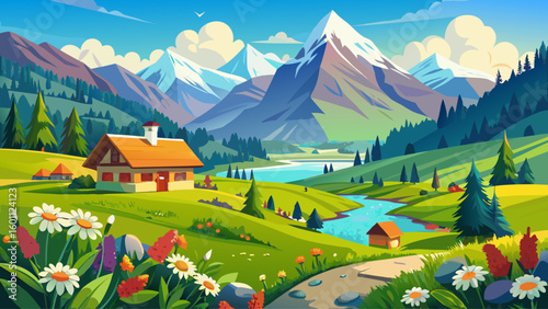  very Beautiful Idyllic landscape in the Alps with green meadows and flowers