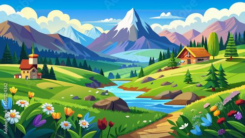  very Beautiful Idyllic landscape in the Alps with green meadows and flowers